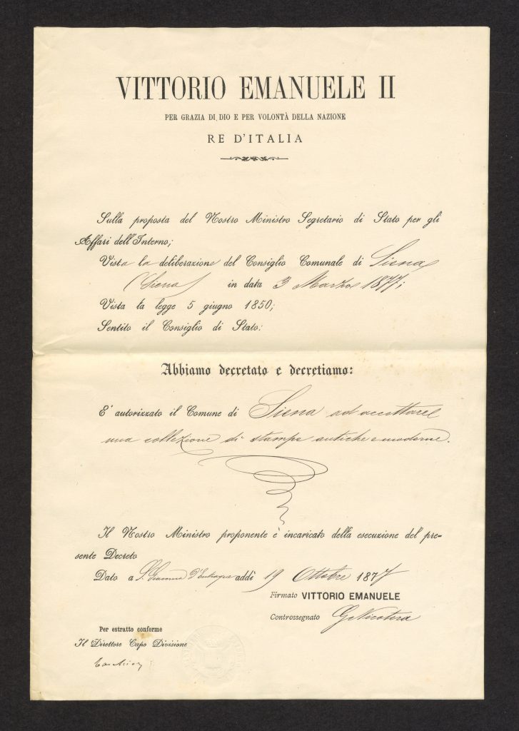 Decreto reale che autorizza il Comune di Siena ad accettare la collezione (19 ottobre 1877)
